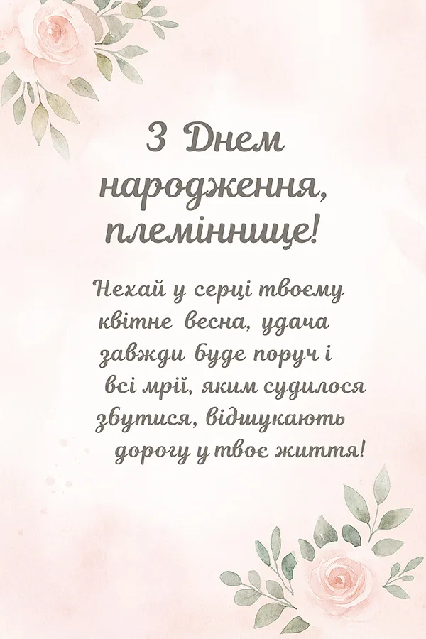 Привітання з Днем Народження племінниці - ніжна листівка (№61)