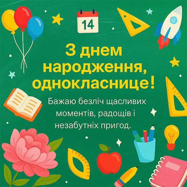 Яскрава картинка привітання з Днем Народження однокласниці (№70)