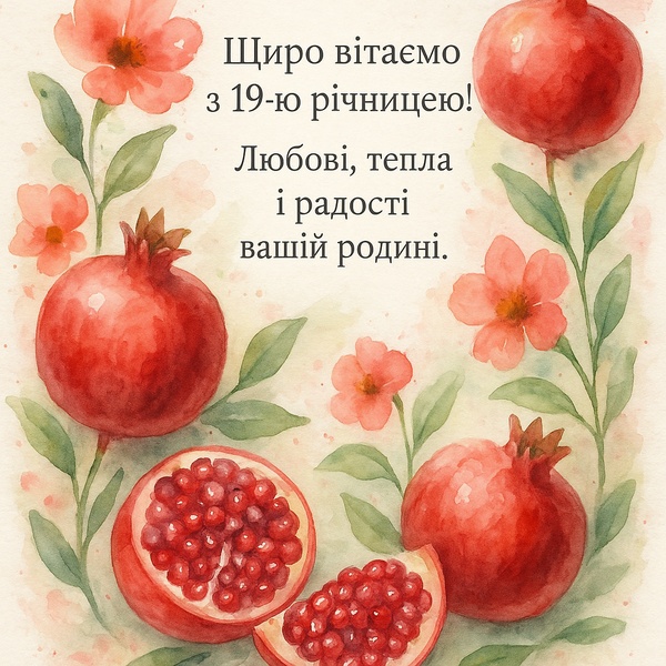 Художня листівка-привітання з річницею весілля 19 років, Гранатовим Весіллям (№13) Художня листівка-привітання з річницею весілля 19 років, Гранатовим Весіллям (№13)