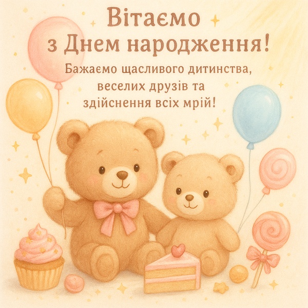 Ніжна листівка-привітання з Днем Народження дитині з ведмедиками (№75)