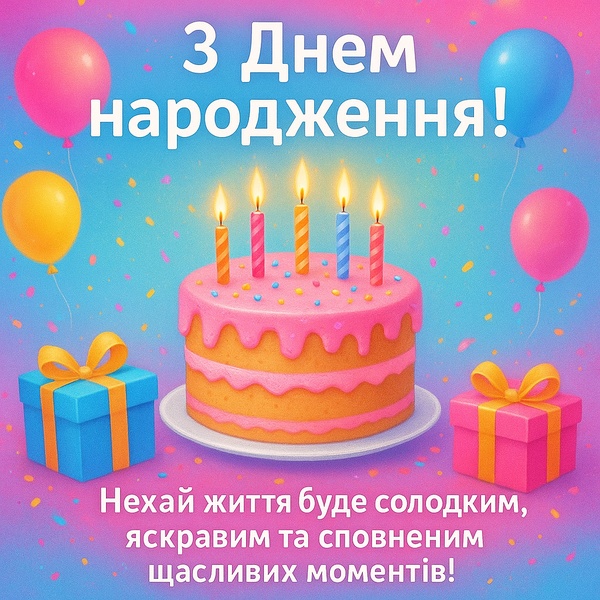 Святкова картинка-привітання з Днем Народження дитині з тортом (№76)