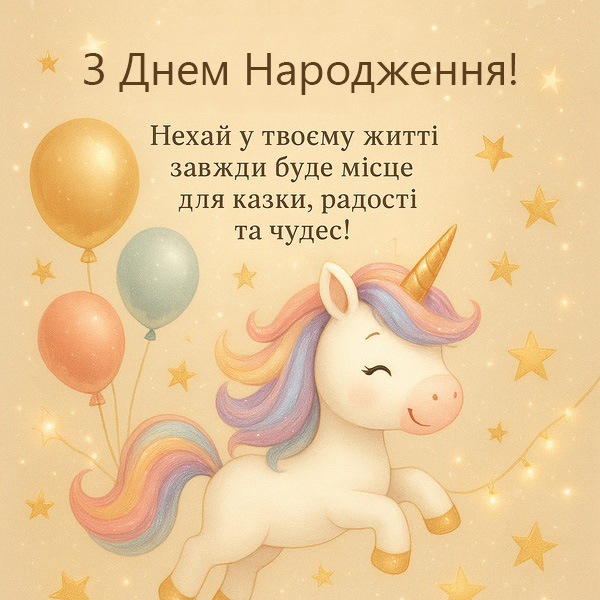 Листівка-привітання з Днем Народження дитині з єдинорогом (№77)