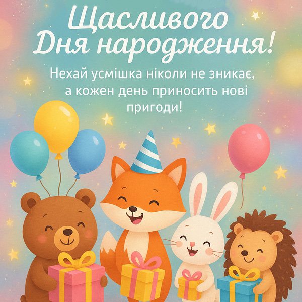 Весела листівка-привітання з Днем Народження дитині зі звірятами (№78)