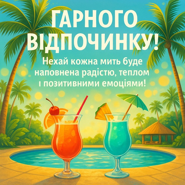 Яскрава картинка-побажання гарного відпочинку з коктейлями (№34)