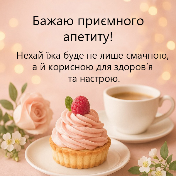 Листівка-побажання приємного апетиту з апетитним тістечком (№32)