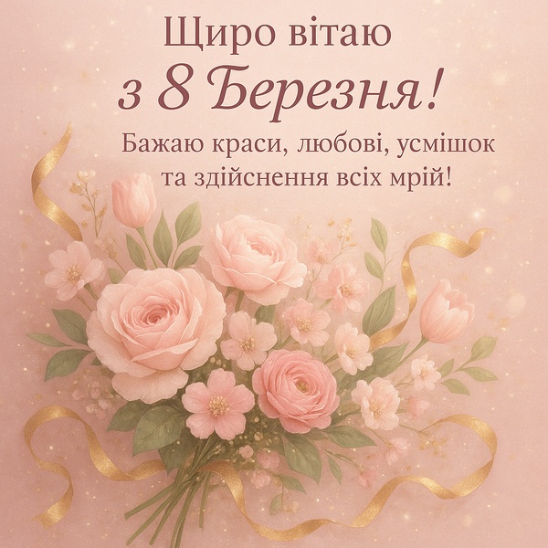 Ніжна листівка-привітання з 8 Березня з рожевими трояндами (№76)