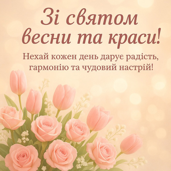 Картинка-привітання зі святом весни з ніжними рожевими трояндами (№77)
