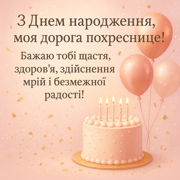 Святкова листівка-привітання похресниці з Днем Народження в ніжно-рожевому кольорі (№41)