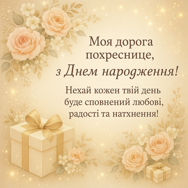 Приємна листівка-привітання похресниці з Днем Народження в бежевому кольорі (№43)