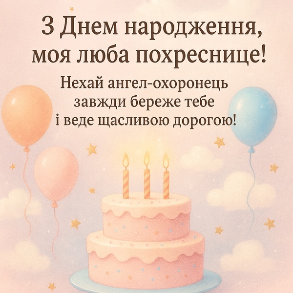 Картинка-привітання похресниці з Днем Народження з тортом та кульками (№44)