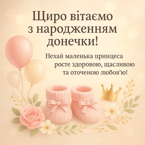 Ніжна картинка-привітання з народженням донечки з повітряними кульками (№36)