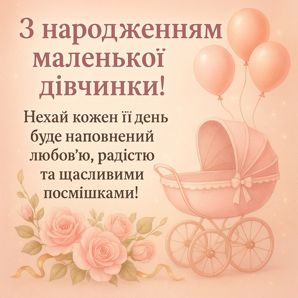 Цікава картинка-привітання з народженням дівчинки з коляскою (№38)