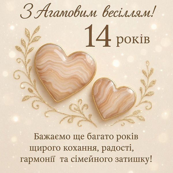 Листівка-привітання з Агатовим Весіллям з сердечками (№32)