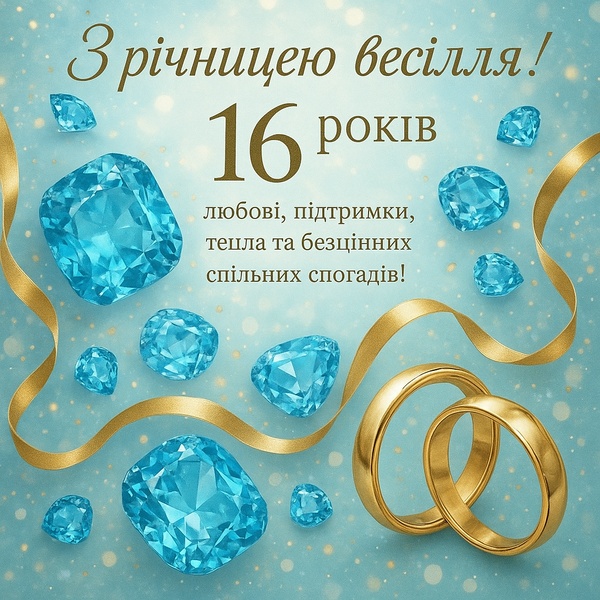 Урочиста листівка-привітання з річницею весілля 16 років з обручками (№38) Урочиста листівка-привітання з річницею весілля 16 років з обручками (№38)