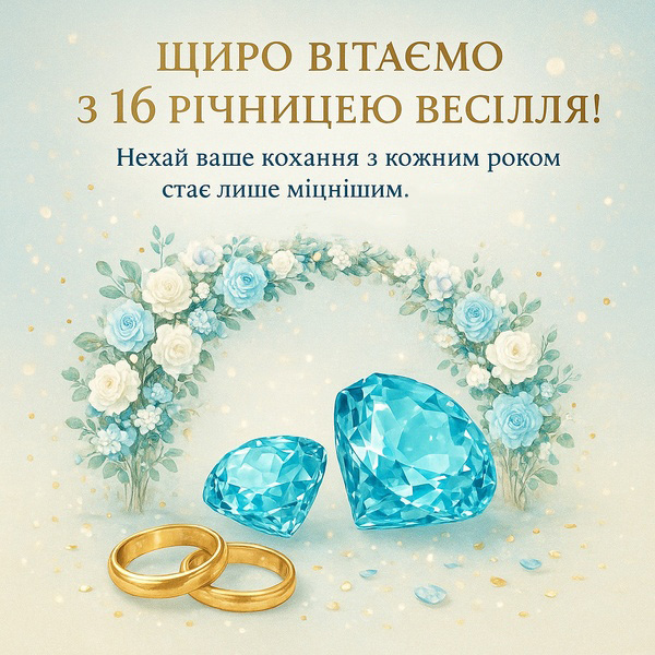 Красива листівка-привітання з річницею весілля 16 років (№40) Красива листівка-привітання з річницею весілля 16 років (№40)