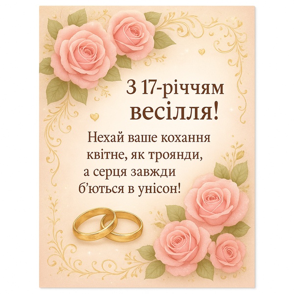 Красива листівка-привітання з річницею весілля 17 років (№29) Красива листівка-привітання з річницею весілля 17 років (№29)