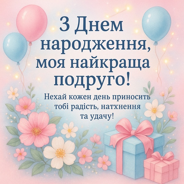 Картинка-привітання з Днем Народження подрузі з повітряними кульками (№40)