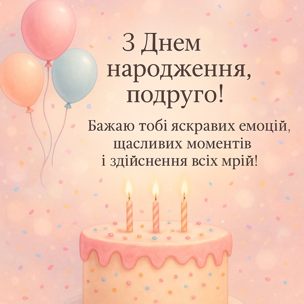 Картинка-привітання з Днем Народження подрузі з святковим тортом (№42)