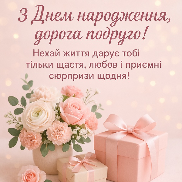 Листівка-привітання з Днем Народження подрузі з подарунками та букетом квітів (№43)
