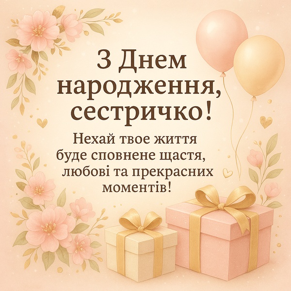 Святкова картинка-привітання з Днем Народження сестричці у ніжному кольорі (№69)