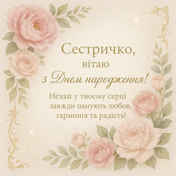 Вишукана листівка-привітання з Днем Народження сестричці (№72)