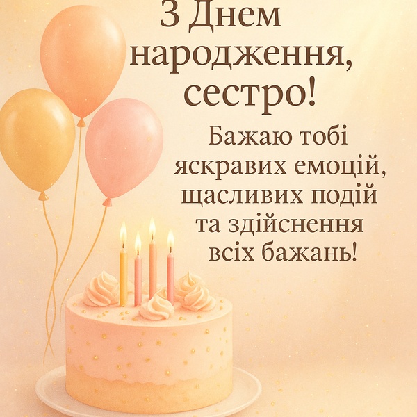 Святкова картинка-привітання з Днем Народження сестрі з повітряними кульками (№73)