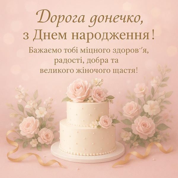 Листівка-привітання з днем народження дочці з красивим тортом (№43)