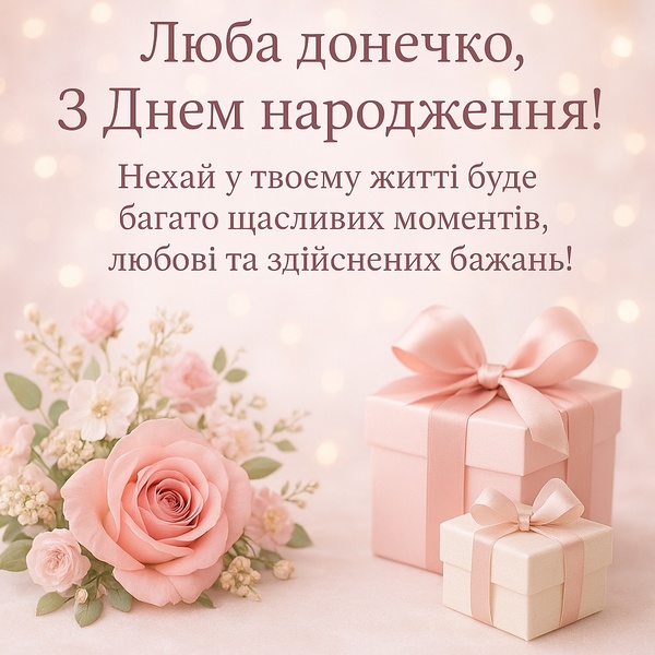 Листівка-привітання з Днем Народження донечці в ніжному рожевому кольорі (№47)