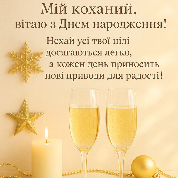 Святкова картинка-привітання з Днем Народження коханому з бокалами шампанського (№29)