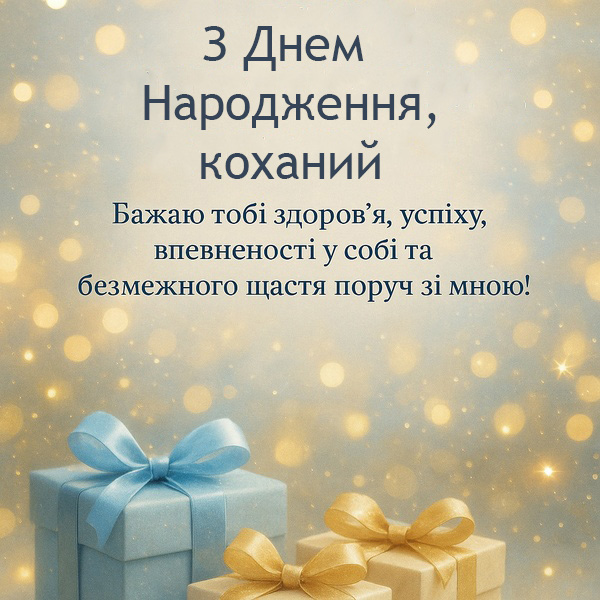 Красива картинка-привітання з Днем Народження коханому з подарунками (№30)