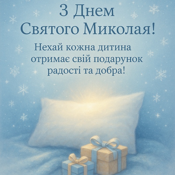 Картинка-привітання з Днем Святого Миколая з подушкою та подарунками (№42)