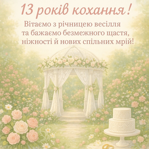Красива та стильна листівка-привітання з тринадцятою річницею весілля (№28)